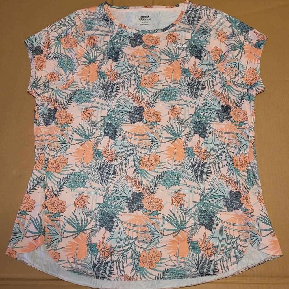 Reebok Floral Print Short Sleeve Top - Orange, Green, Blue Sz. XLg